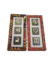 Vtg PAIR Hand carved Kente African Ghana Adinkra Symbols Decor Fabric Frames