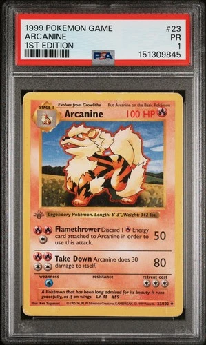 PSA 1 1ST EDITION 1999 Base Set Shadowless Arcanine 23/102 Pokemon Vintage