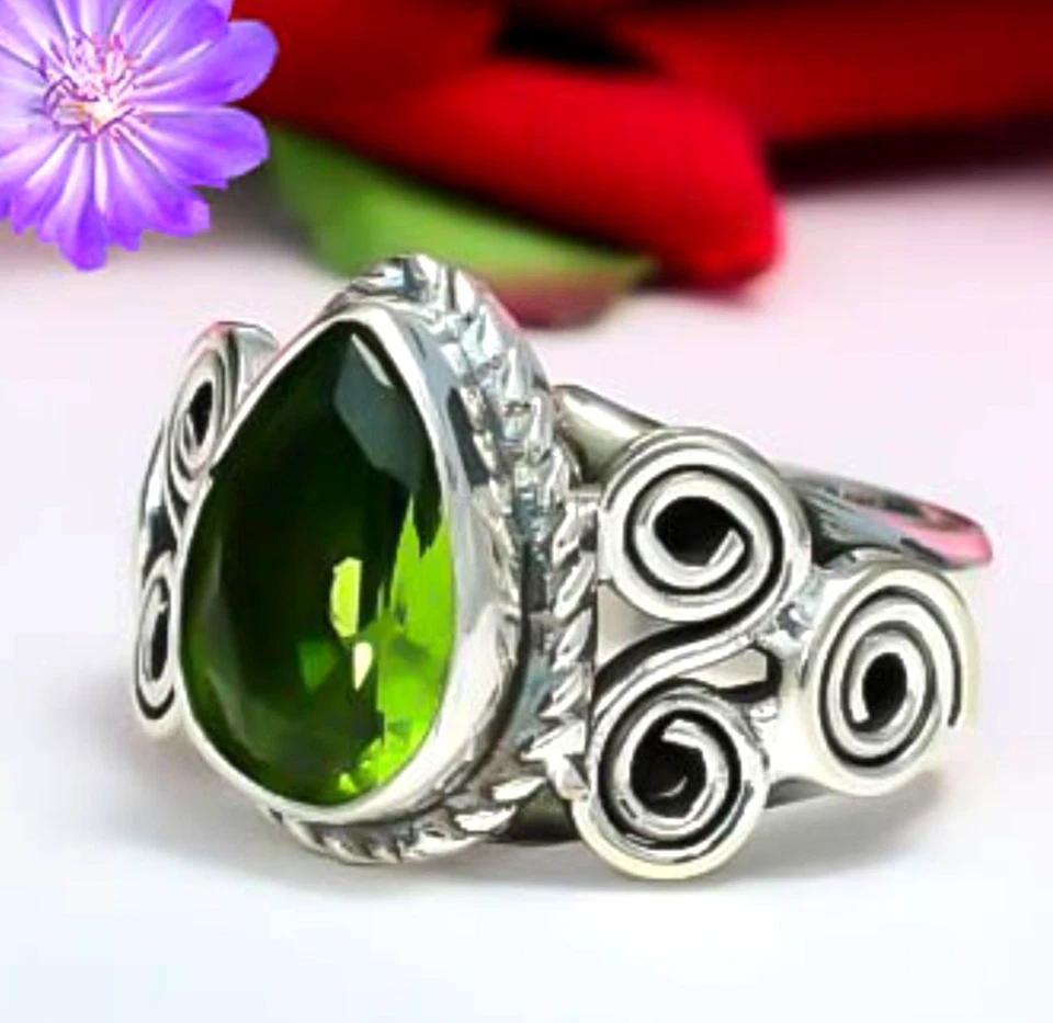 Classic Peridot Gemstone 925 Sterling Silver Handmade Jewelry Ring All Size - Image 2 of 4