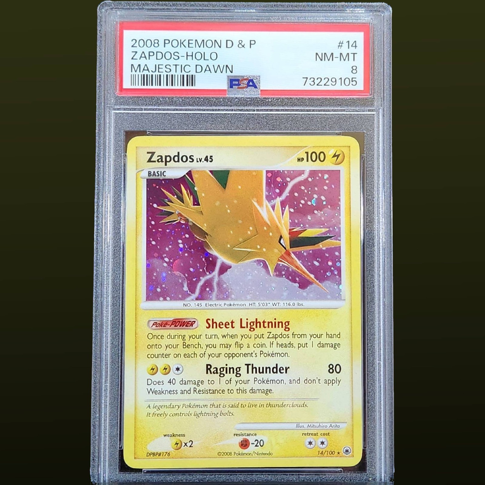 2008 POKEMON DIAMOND & PEARL MAJESTIC DAWN #14 ZAPDOS-HOLO PSA 8