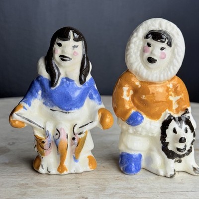 Vintage Salt & Pepper Stackers Alaskan Eskimos Stamped Porcelain lot of 2