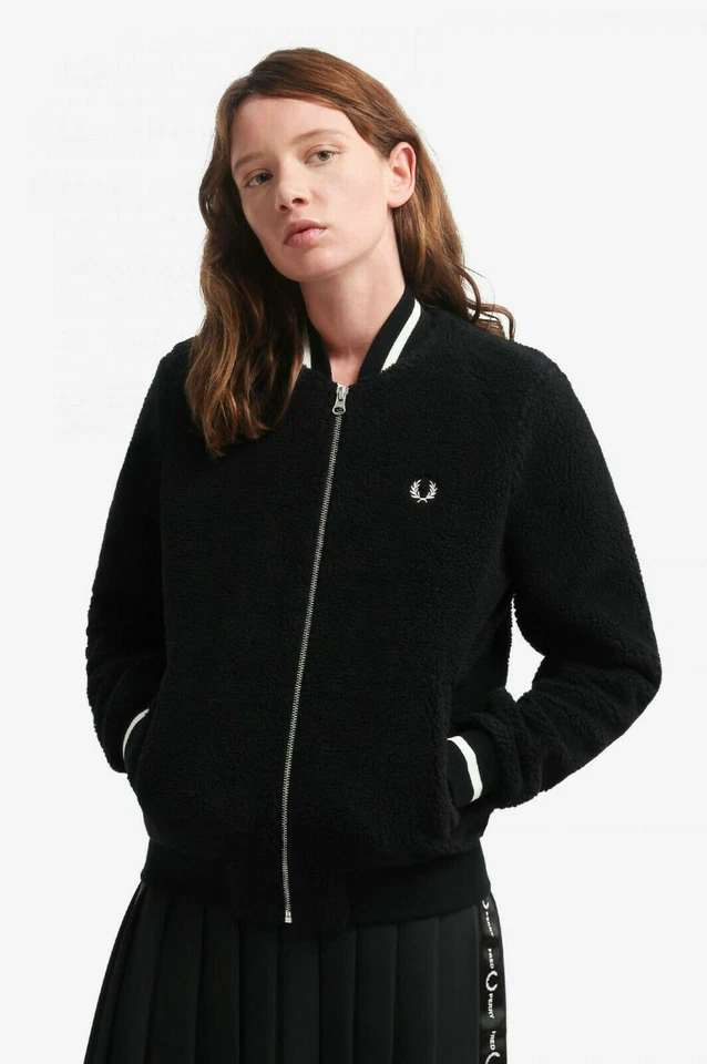 FRED PERRY WOMENS BORG TEDDY FLEECE BOMBER JACKET BLACK UK 6 RRP £125 BNWT!!! - Image 3 of 4