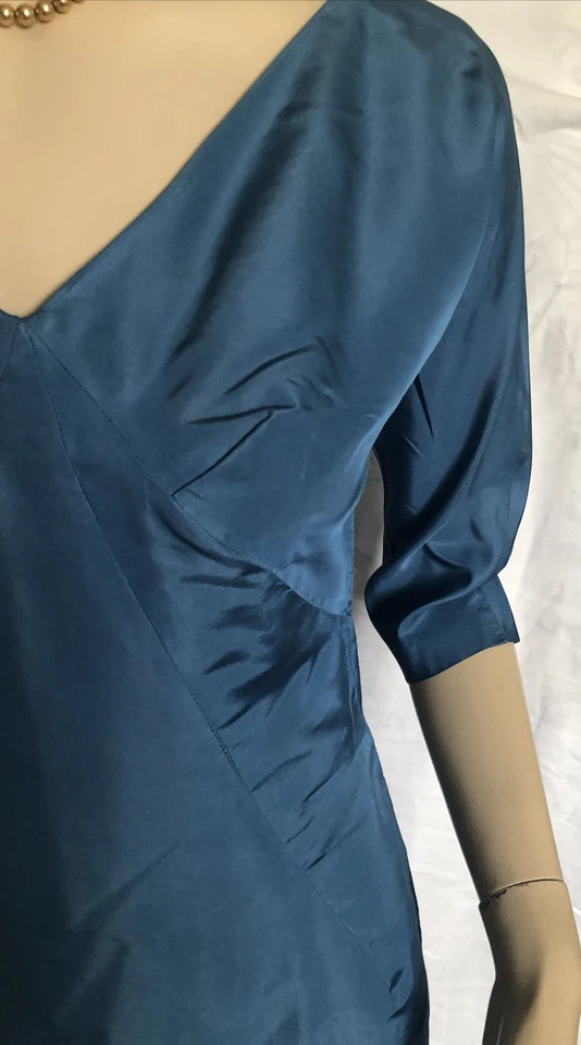 VTg 1950’s LEE CLAIRE New York Blue Satin Wiggle Rockabilly Cocktail Dress 8-10 - Image 2 of 4