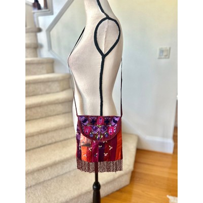 Vintage NWT Beaded Fringe Purple Pink Satin Embroidered Floral Bag