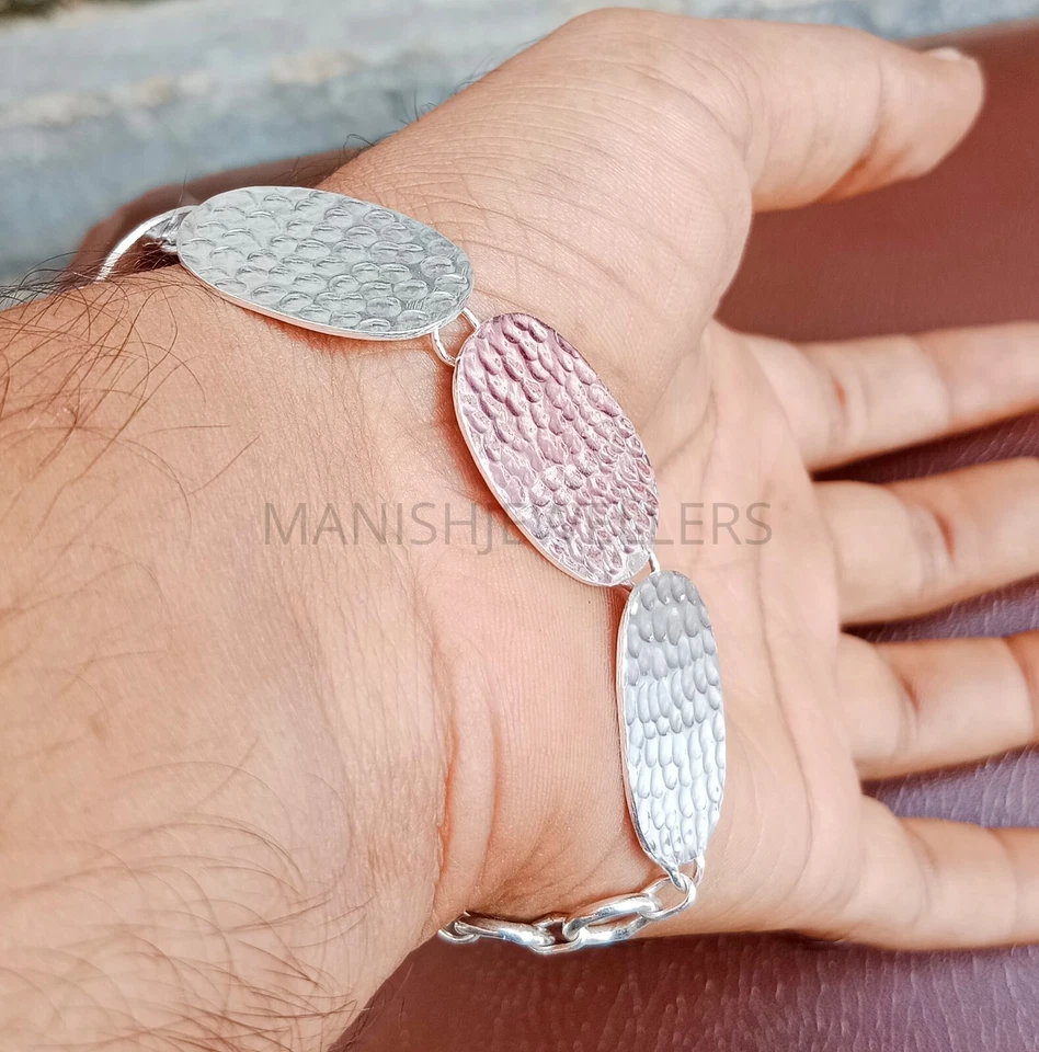 925 Sterling Silver Paper Clip Bracelet Hammered Disc Linked Bracelets All Size - Image 2 of 4
