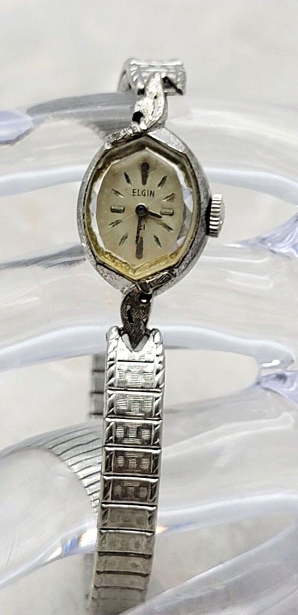 Elgin 21 Jewel Wrist Watch Oval 14mm Mechanic Manual White Gold