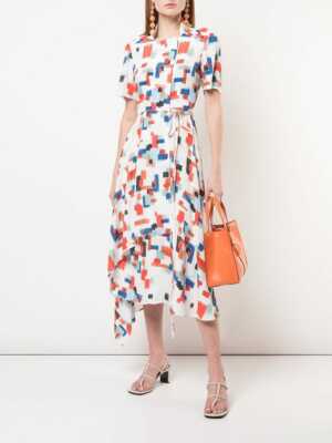 ROSETTA GETTY White Abstract Scribble Print Asymmetric Wrap Tie Midi Dress 8 = M
