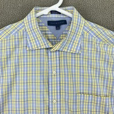 Tommy Hilfiger Shirt Men 17 34 35 Yellow Blue Plaid Button Up Long Sleeve Cotton