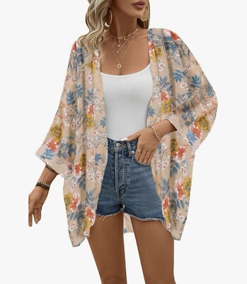 Women's Floral Print Sheer Chiffon 3/4 Bat Sleeve Casual Loose