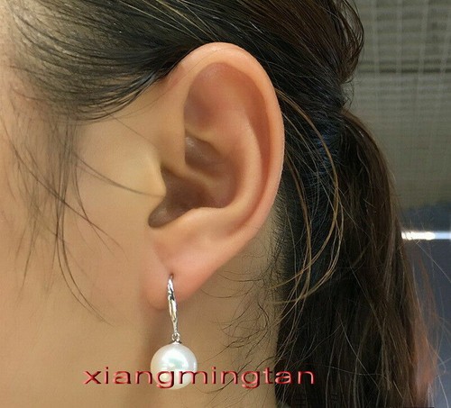 Top natural real 14K GOLD 12-13MM SOUTH SEA round white PEARL Dangle EARRINGS - Picture 5 of 6
