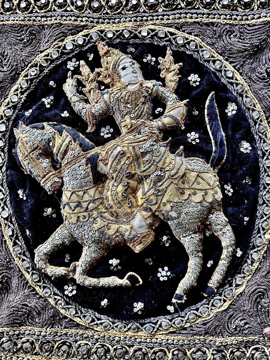 Vintage Thai Burmese Kalaga Tapestry Embroidered Warrior Sequins