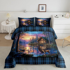 King Size Rustic Deer Cabin Comforter Set - All Season Blue Checkered Bedding