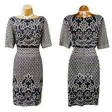 ELIZA J Black Nude Lace Overlay Short Sleeve Midi Cocktail Sheath Dress UK 12/14
