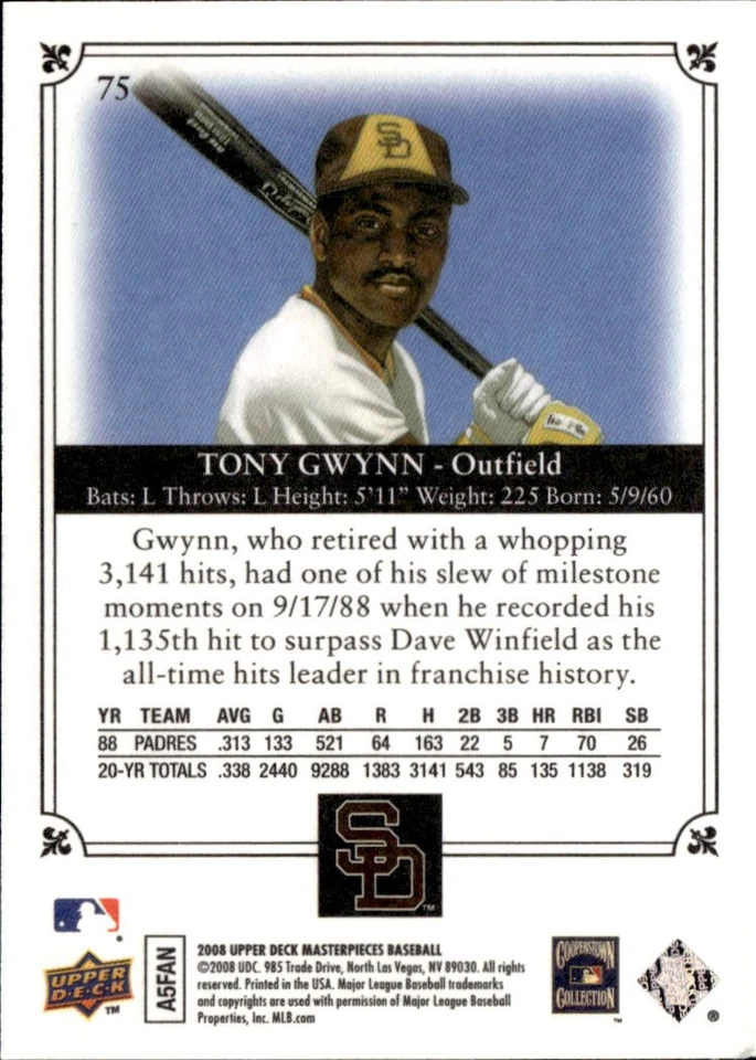 Tony Gwynn 2008 Upper Deck Masterpieces #75 San Diego Padres - Image 2 of 2