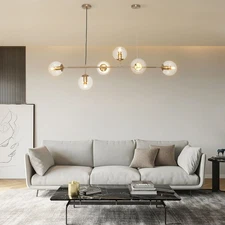Modern 6-Lights Globe Ceiling Light Pendant Lamp Linear Chandelier  Living Room