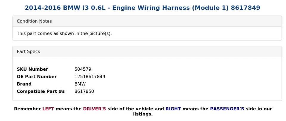 BMW I3 2014-2016 0,6 L - Arnés de cableado del motor (módulo 1) 8617849 Foto 3 de 4