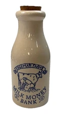 Vintage Edgemar Farms Dairy Salt Glazed Crock Bottle Milk Money Coin Bank Cow