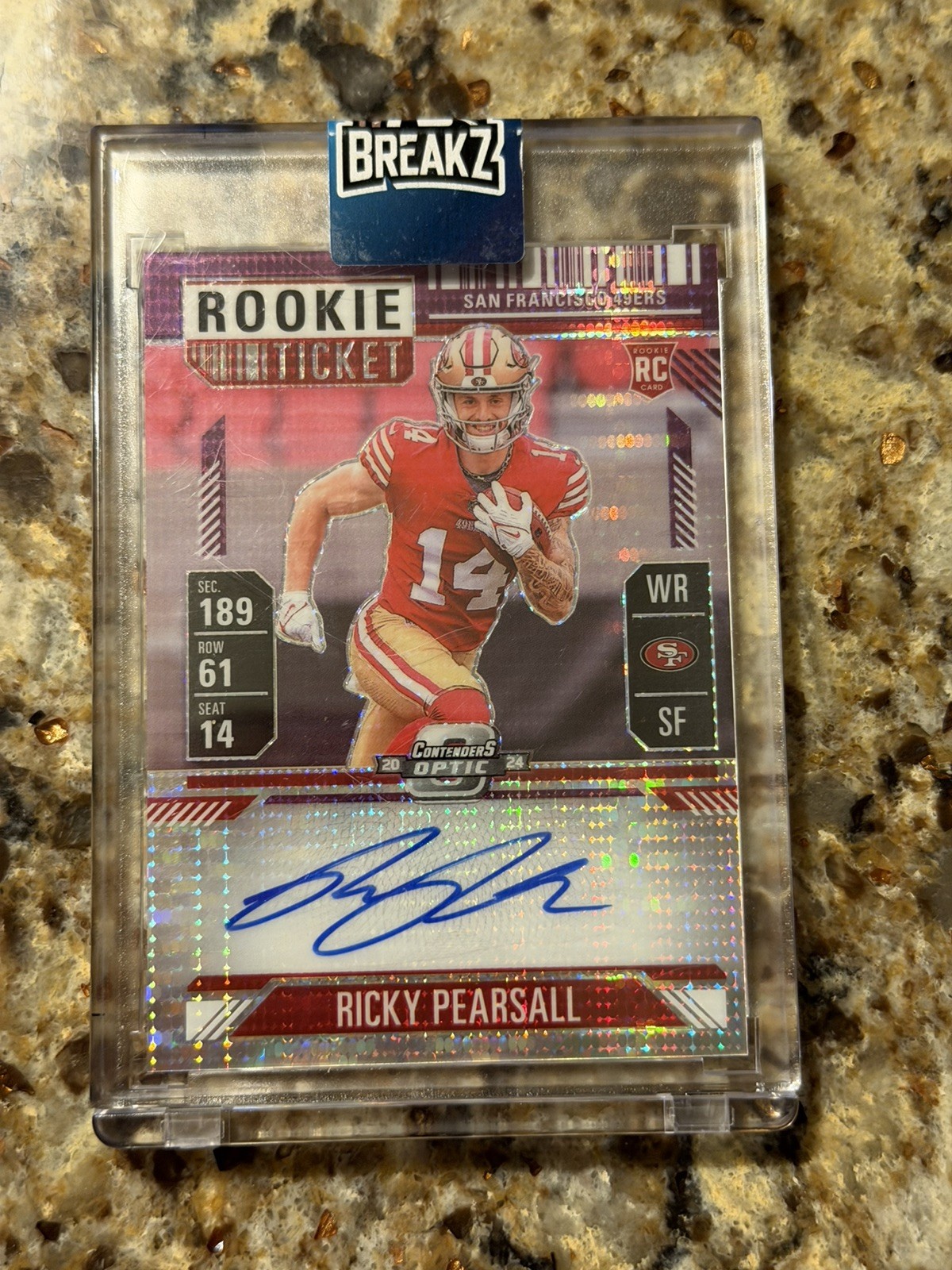 2024 Contenders Optic Ricky Pearsall PURPLE PULSAR Rookie Ticket Auto /27 49er