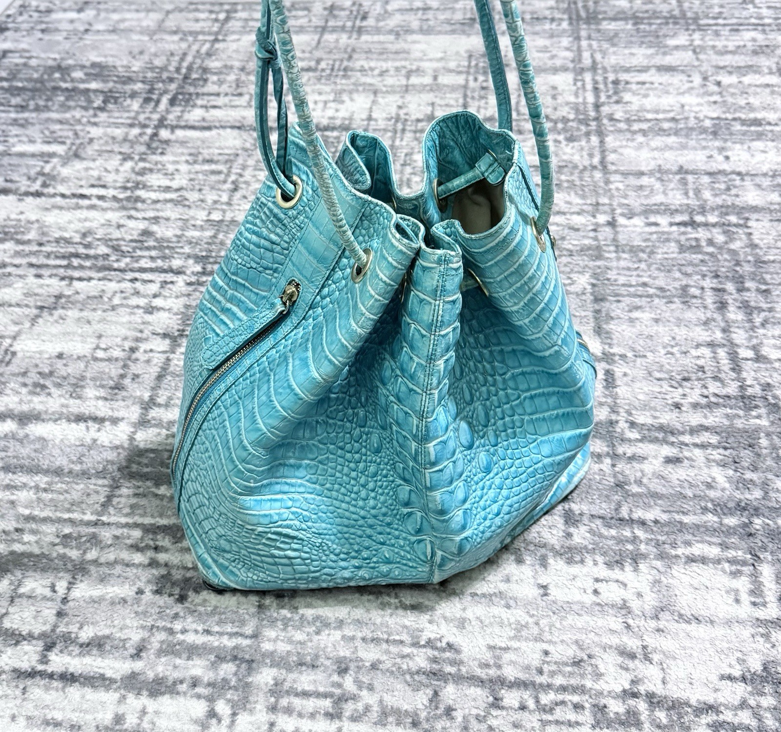 Brahmin Marlowe Shoulder Bucket Bag Croc Embossed Leather Turquoise Purse