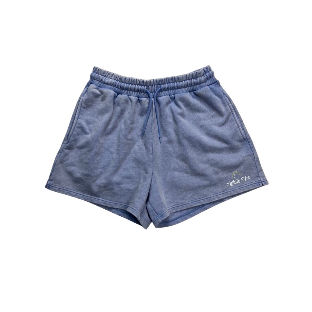 White Fox Sweat Shorts Womens L Blue Rainbow Logo Drawstring Loungewear Cozy