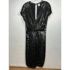 Haute Hippie Black Sequin Ruched V Neck Short Sleeve Midi Dress Size Small Silk