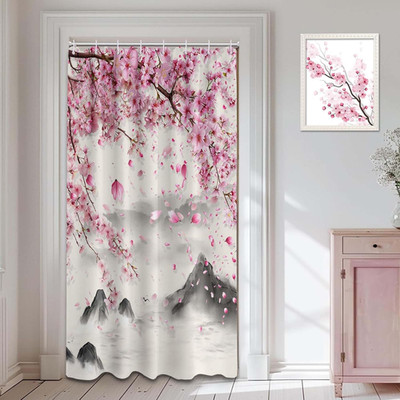 Small Stall Narrow Shower Curtain Cherry Blossom Pink Floral Stand up Spring Sho