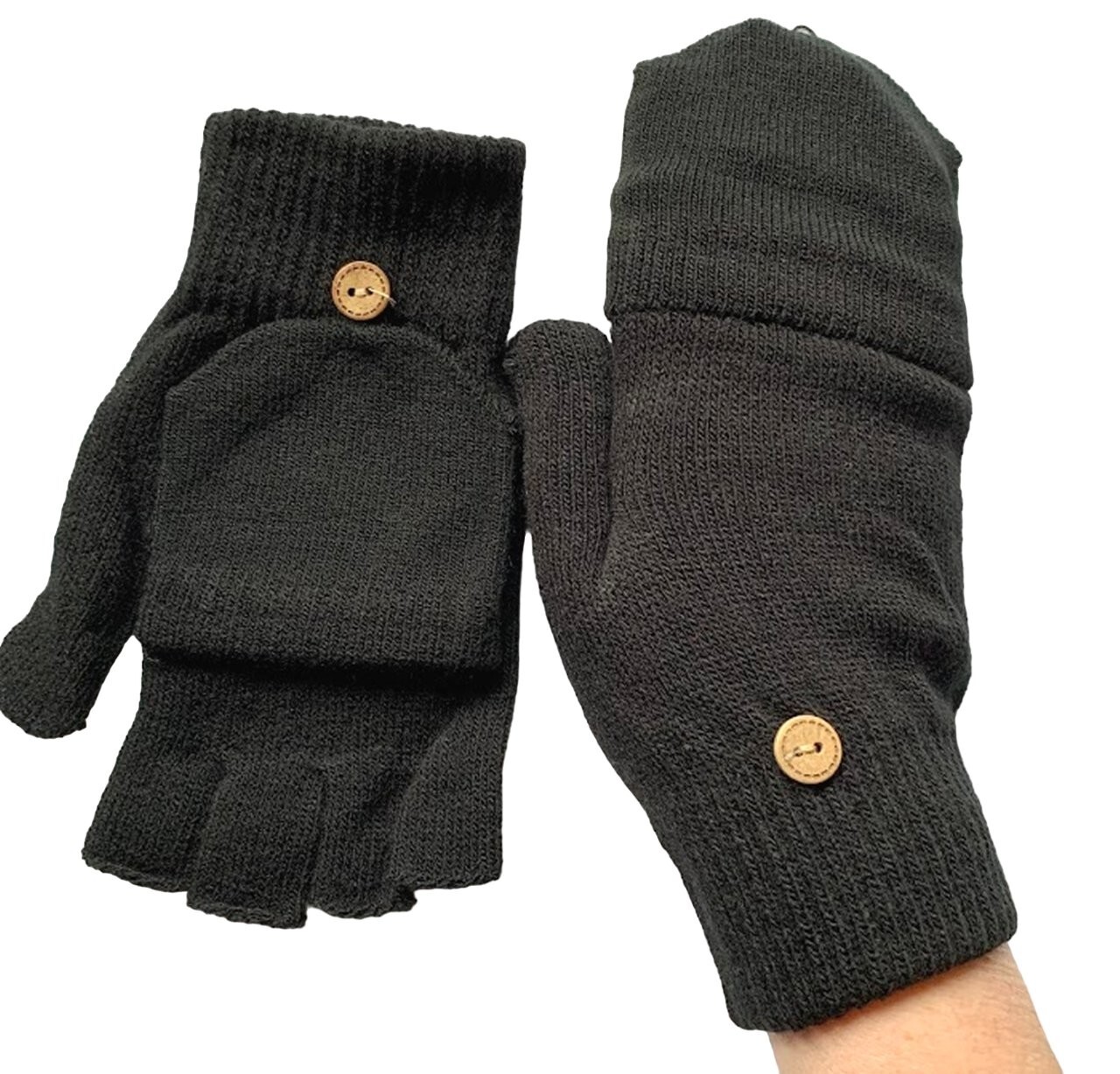 Black Fingerless Gloves Mitten Flap 2 in 1 One Size Mens Ladies Magic