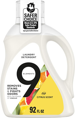 9 Elements Natural Laundry Detergent Liquid, Citrus, Vinegar Powered, 92oz