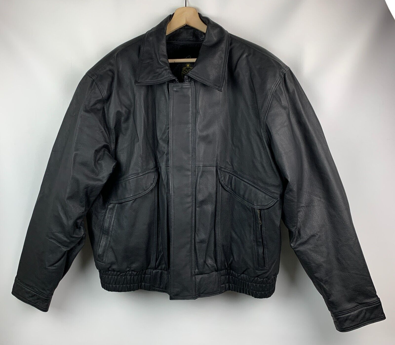 Black Leather Collar Protocol Bomber Jacket with Zip Pockets & Removable Liner Size 2XL-image