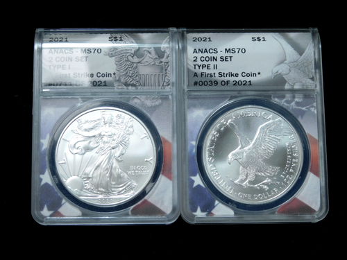 2021 $1 American Silver Eagle - ANACS MS70 Type 1 and Type 2 - Two Coin Set