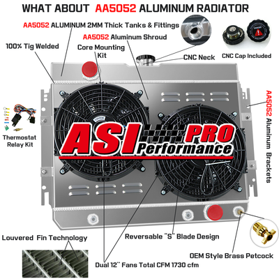 Complete 3-Row Aluminum Radiator + Fan Shroud + Dual Fans + Relay Kit For 63-68 Chevy Impala