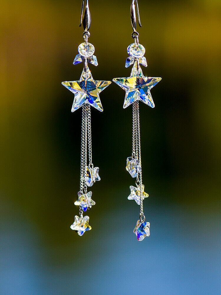 925 Silver Plated Zircon Star Earrings Ear Stud Drop Dangle