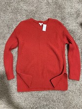 Gap Women Red Ribbed Knit Crewneck Sweater Top With Side Slits Size Xsmall