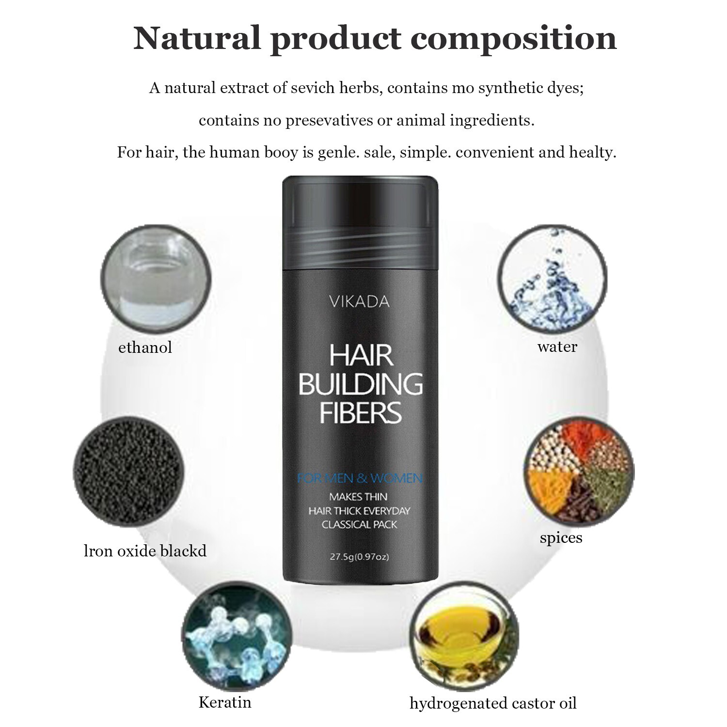 VIKADA Hair Fibers Keratin Powder Hair Building Hair Fibers Black 1 Bottle 27.5g