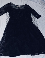 Remy Womens Black Textured Lace Up Ruffle Short Sleeve Lace Shift Dress Size M