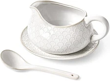 LE TAUCI Gravy Boat w Ladle Saucer Stand White Ceramic Sauce Creamer 24 oz