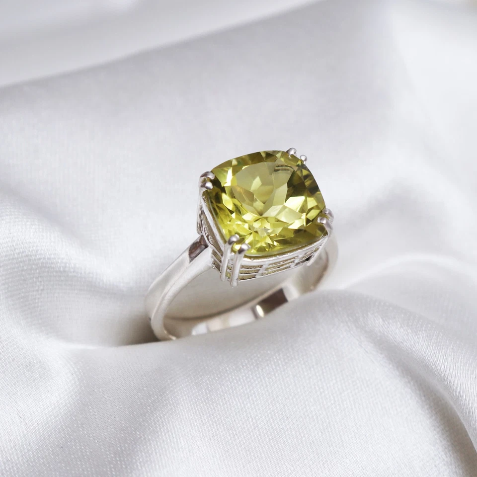 Anillo solitario de cuarzo limón anillo de boda de plata de ley 925 anillo de aniversario Foto 3 de 4