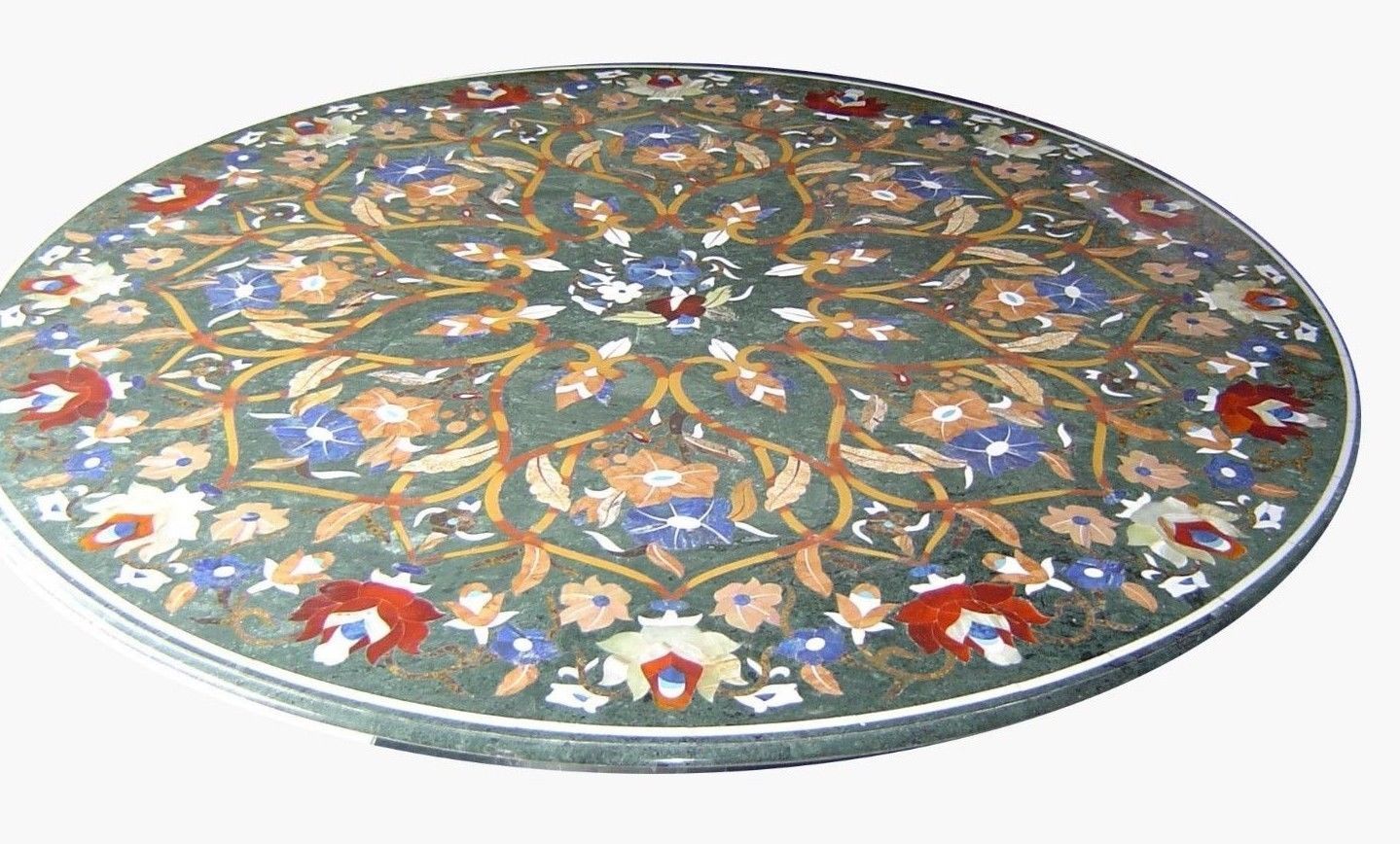 48-inch round green marble table top with intricate marquetry inlay art for home and garden decor