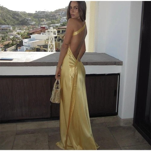 Women Sexy Backless Satin Lace Up Dresses Elegant Off Shoulder Long Dress - Picture 13 of 26