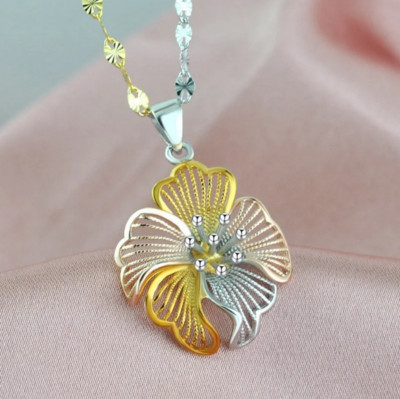 Platin/18K feine S925 Sterling Silber dreifarbige Blume Anhänger Halskette - 43 cm