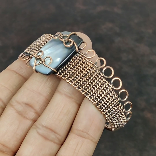 Copper Black Mother Of Pearl Gemstone Daughter Boho Wire Wrapped Wedding Bangle - Video 1 of 1
