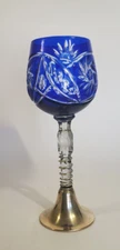 Antique Cut to Cobalt Crystal Bohemian Wine Hock Stem w Brass Base Wrapped Stem