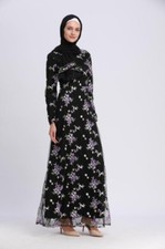 Black Embroidered Lace Long Sleeves Muslim Abaya Kaftan Long Dress Medium