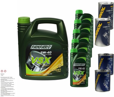 9L Motoröl FANFARO VSX 5W-40 2x MANNOL Leak-Stop ADDITIV+Motor Flush