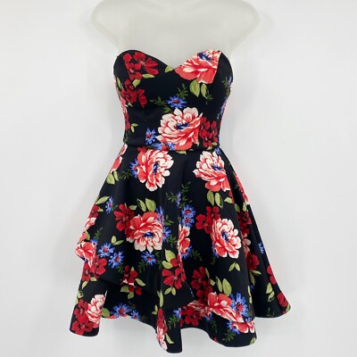 B. Darlin Strapless Fit & Flare Layered Short Prom Dress Black Red Floral  Sz 1/2 | eBay