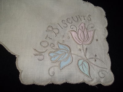 Vintage Linen Bread basket Hot Bun Warmer Hand Embroidery words  ~Hot Biscuits ~