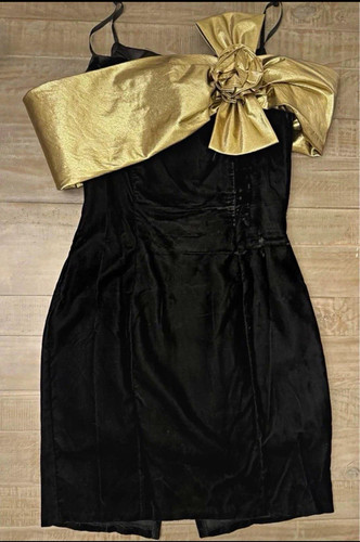 Gunne Sax, Vintage 80s Gunne Sax Jessica McClintock Black Velvet Gold Bow Dress 9/10