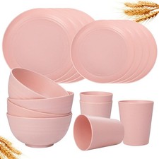 16Pcs Plastic Wheat Straw Dinnerware Set, Reusable Plastic Plate Set for 4,
