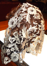 Vintage Black/Gray Floral Lace Mantilla Church Head Cover Scarf Triangular Veil