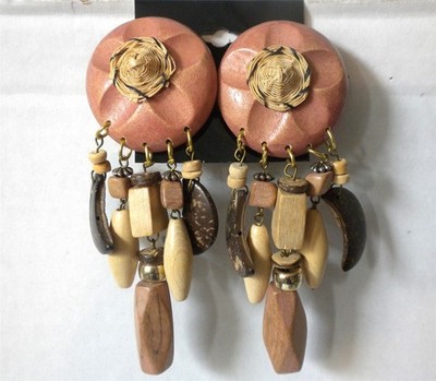 BIG 4''MIX MEDIA WOOD METAL STRAW BOHO CHIC TRIBAL MOON HANGING STATEMENT EARRING